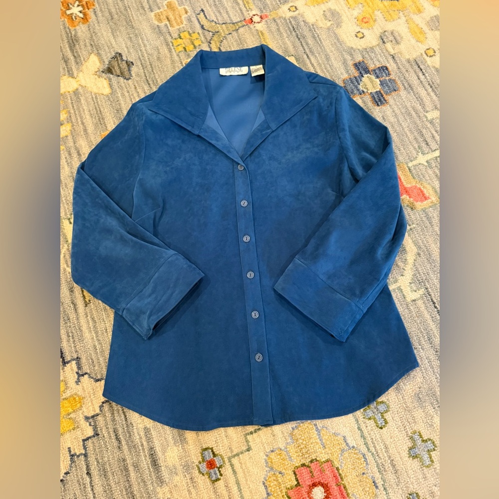 VTG Selene Sport Faux Suede Long Sleeve Button Up Shirt Womens Large Royal Blue